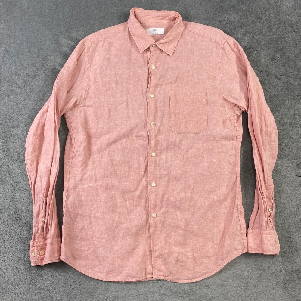 Uniqlo Shirt Mens M 100% Linen‎ Long Sleeve Button Up Salmon Pink Beach Spring